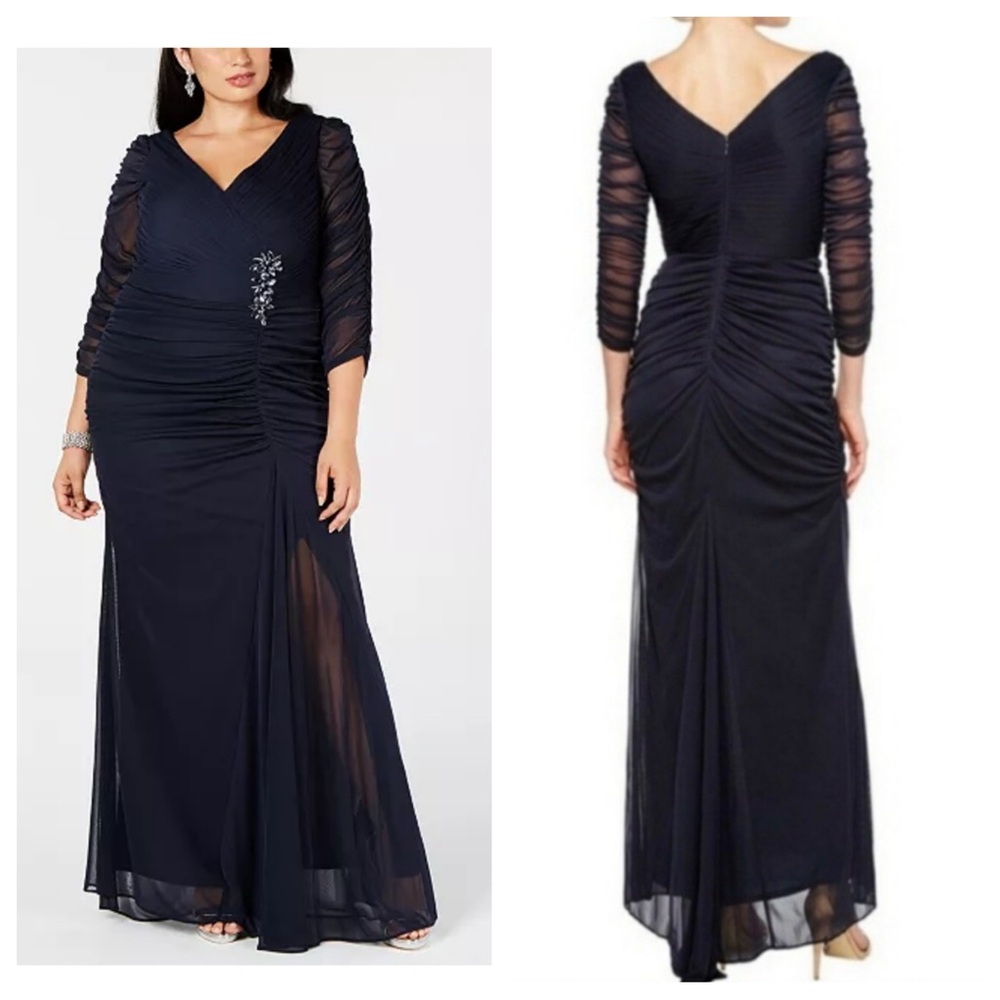 New! Adrianna Papell Plus Size Three-Quarter-Sleeve Ruched gown